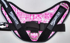 custom dog harness in pink patterned print