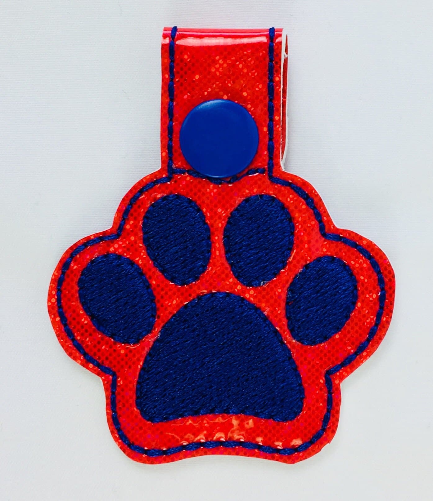 sparkle red and navy blue Paw Print Keychain Fob