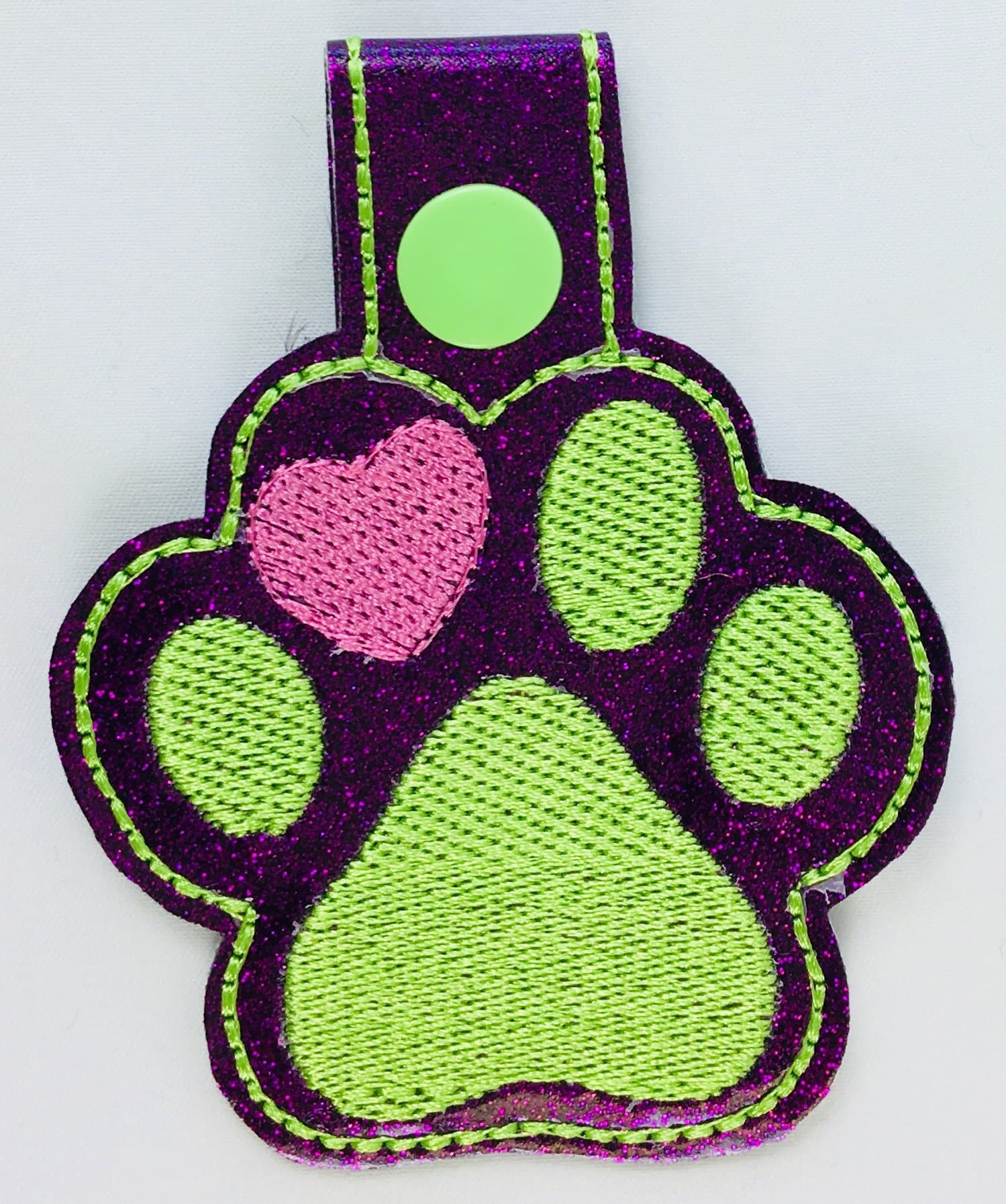 green print with pink heart Paw Print Keychain Fob