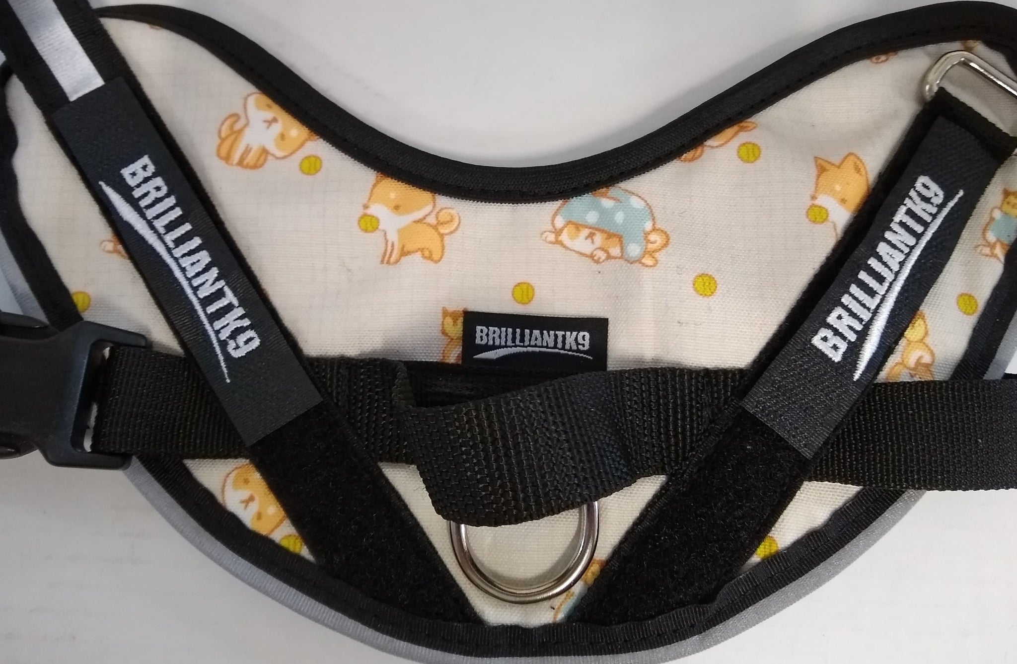 custom dog harness in doggie print fabric