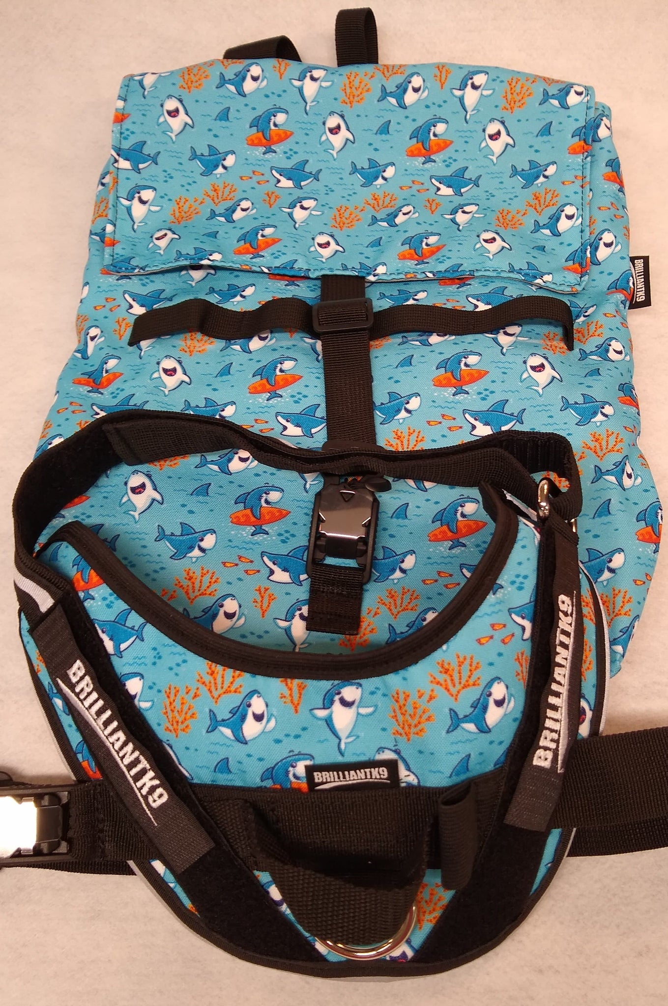 matching backpack and harness in shark fabric